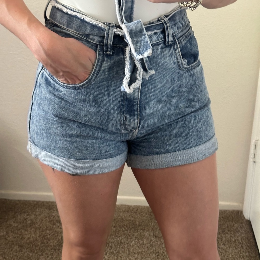 High rise paper bag jeans shorts waist tie